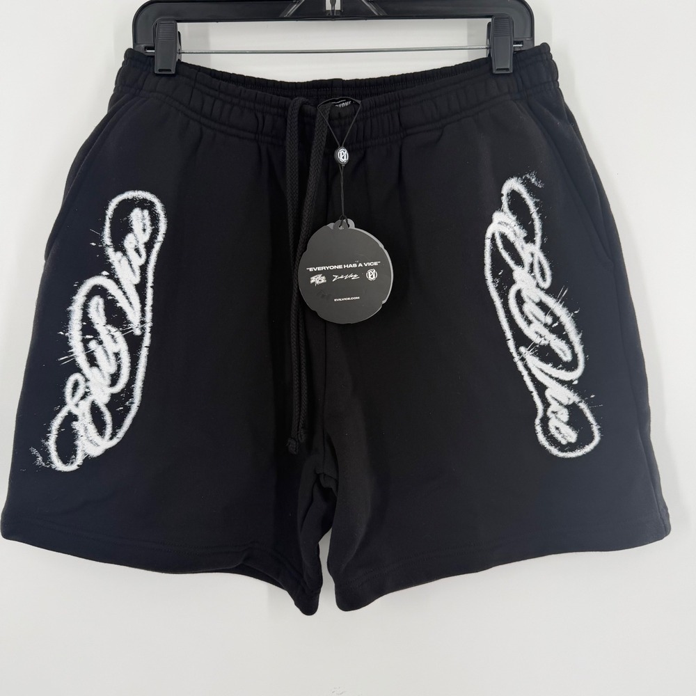 Evil Vice Mens Black Fleece Sweat Shorts White Puff Print Graphic XL NEW